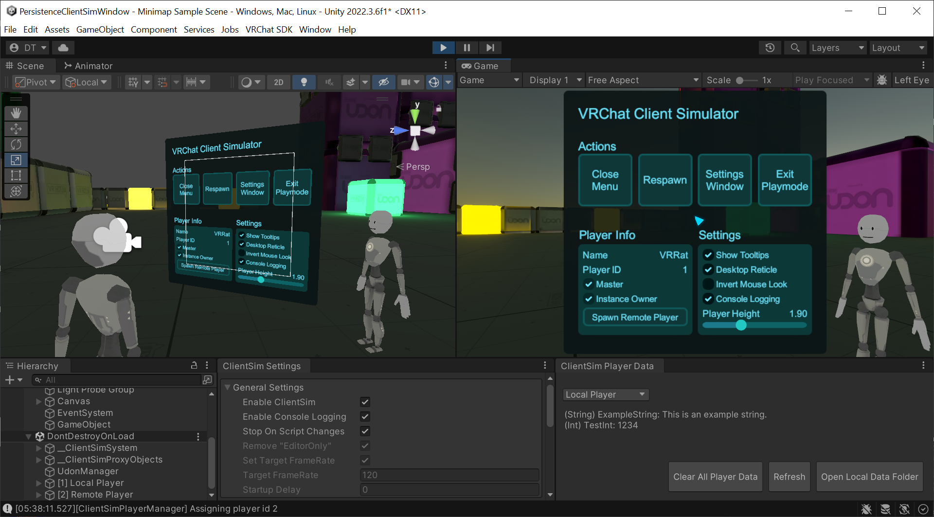 ClientSim screenshot. The Scene view shows the local player and a remote player. The Game view shows ClientSim's "Pause" menu, with buttons to respawn the player, spawn remote players, close the menu, and various other options. The ClientSim Settings window and PlayerData window are also visible.