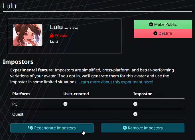 A screnshot of an avatar's page on vrchat.com. It allows avatar creators to (re)generate impostors and see which impostors have already been generated. You can see if impostors have been generated for PC and/or Android. You can also see if the impostor has been customized by the avatar creator.