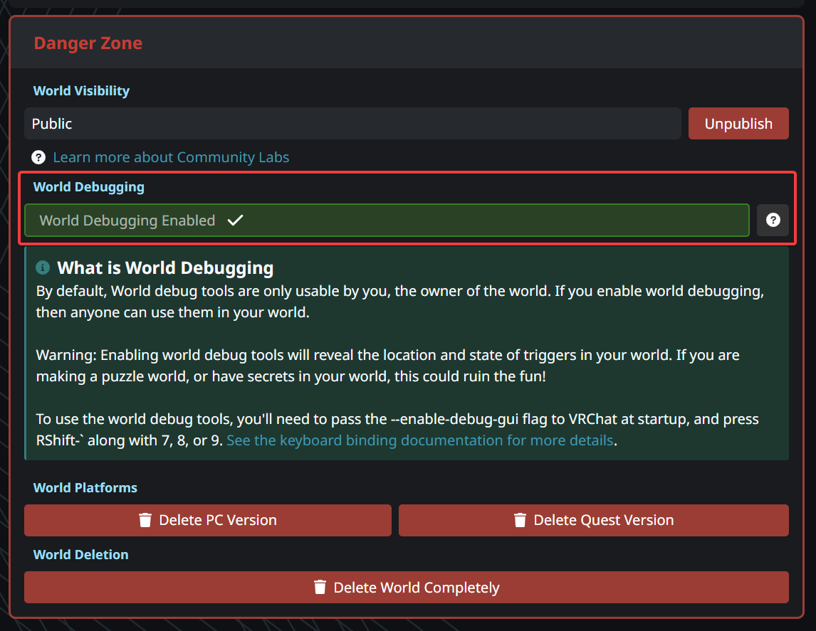 The website's "World Debugging" setting